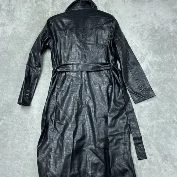 Vince Camuto Black Faux Leather Croc Trench Coat Double-Breasted Medium d0464 - Picture 5 of 10
